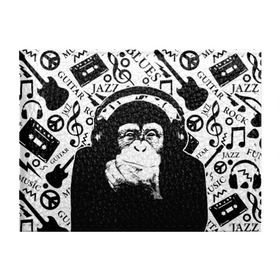 Обложка для студенческого билета с принтом Шимпанзе в наушниках в Екатеринбурге, натуральная кожа | Размер: 11*8 см; Печать на всей внешней стороне | Тематика изображения на принте: джаз | музыка | обезьяна | рок | шимпанзе в наущниках