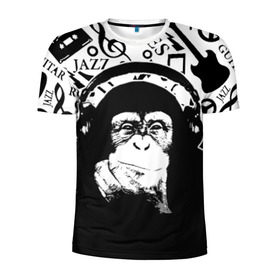 Мужская футболка 3D спортивная с принтом Шимпанзе в наушниках в Екатеринбурге, 100% полиэстер с улучшенными характеристиками | приталенный силуэт, круглая горловина, широкие плечи, сужается к линии бедра | джаз | музыка | обезьяна | рок | шимпанзе в наущниках