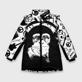 Зимняя куртка для девочек 3D с принтом Шимпанзе в наушниках в Екатеринбурге, ткань верха — 100% полиэстер; подклад — 100% полиэстер, утеплитель — 100% полиэстер. | длина ниже бедра, удлиненная спинка, воротник стойка и отстегивающийся капюшон. Есть боковые карманы с листочкой на кнопках, утяжки по низу изделия и внутренний карман на молнии. 

Предусмотрены светоотражающий принт на спинке, радужный светоотражающий элемент на пуллере молнии и на резинке для утяжки. | джаз | музыка | обезьяна | рок | шимпанзе в наущниках