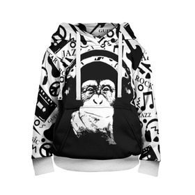 Детская толстовка 3D с принтом Шимпанзе в наушниках в Екатеринбурге, 100% полиэстер | двухслойный капюшон со шнурком для регулировки, мягкие манжеты на рукавах и по низу толстовки, спереди карман-кенгуру с мягким внутренним слоем | Тематика изображения на принте: джаз | музыка | обезьяна | рок | шимпанзе в наущниках