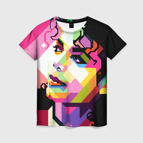 Женская футболка 3D с принтом Майкл Джексон в Екатеринбурге, 100% полиэфир ( синтетическое хлопкоподобное полотно) | прямой крой, круглый вырез горловины, длина до линии бедер | michael jackson | майкл джексон | поп арт | портрет