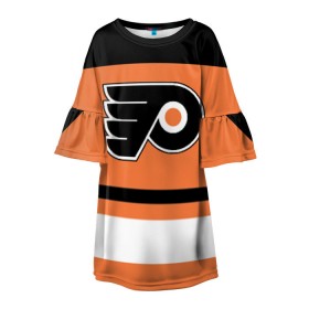Детское платье 3D с принтом Philadelphia Flyers в Екатеринбурге, 100% полиэстер | прямой силуэт, чуть расширенный к низу. Круглая горловина, на рукавах — воланы | Тематика изображения на принте: hockey | nhl | philadelphia flyers | нхл | хоккей