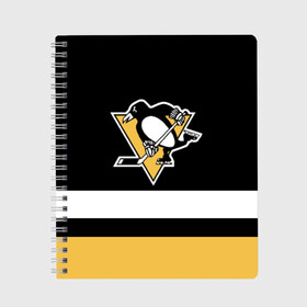 Тетрадь с принтом Pittsburgh Penguins в Екатеринбурге, 100% бумага | 48 листов, плотность листов — 60 г/м2, плотность картонной обложки — 250 г/м2. Листы скреплены сбоку удобной пружинной спиралью. Уголки страниц и обложки скругленные. Цвет линий — светло-серый
 | Тематика изображения на принте: hockey | nhl | pittsburgh penguins | нхл | хоккей