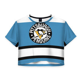 Женская футболка 3D укороченная с принтом Pittsburgh Penguins blue в Екатеринбурге, 100% полиэстер | круглая горловина, длина футболки до линии талии, рукава с отворотами | hockey | nhl | pittsburgh penguins | нхл | хоккей