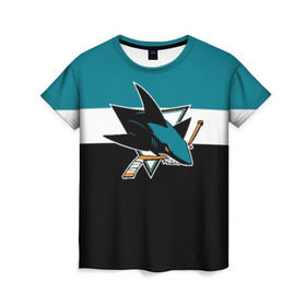 Женская футболка 3D с принтом San Jose Sharks в Екатеринбурге, 100% полиэфир ( синтетическое хлопкоподобное полотно) | прямой крой, круглый вырез горловины, длина до линии бедер | Тематика изображения на принте: hockey | nhl | san jose sharks | нхл | спорт | хоккей