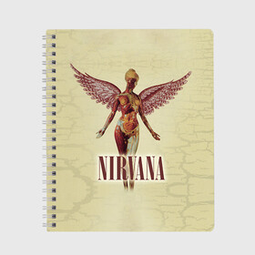 Тетрадь с принтом Nirvana в Екатеринбурге, 100% бумага | 48 листов, плотность листов — 60 г/м2, плотность картонной обложки — 250 г/м2. Листы скреплены сбоку удобной пружинной спиралью. Уголки страниц и обложки скругленные. Цвет линий — светло-серый
 | cobain | curt | nirvana | rock | группа | кобейн | курт | нирвана | рок