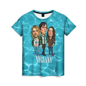 Женская футболка 3D с принтом Шаржи группа Nirvana в Екатеринбурге, 100% полиэфир ( синтетическое хлопкоподобное полотно) | прямой крой, круглый вырез горловины, длина до линии бедер | cobain | curt | nirvana | rock | группа | кобейн | курт | нирвана | рок