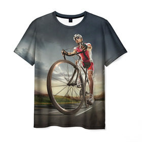 Мужская футболка 3D с принтом Велогонщик в Екатеринбурге, 100% полиэфир | прямой крой, круглый вырез горловины, длина до линии бедер | extreme | вело | велосипед | шоссейный велосипед | экстрим