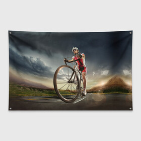 Флаг-баннер с принтом Велогонщик в Екатеринбурге, 100% полиэстер | размер 67 х 109 см, плотность ткани — 95 г/м2; по краям флага есть четыре люверса для крепления | extreme | вело | велосипед | шоссейный велосипед | экстрим
