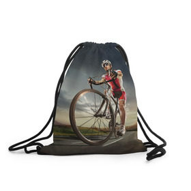 Рюкзак-мешок 3D с принтом Велогонщик в Екатеринбурге, 100% полиэстер | плотность ткани — 200 г/м2, размер — 35 х 45 см; лямки — толстые шнурки, застежка на шнуровке, без карманов и подкладки | extreme | вело | велосипед | шоссейный велосипед | экстрим