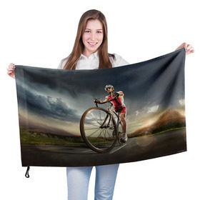 Флаг 3D с принтом Велогонщик в Екатеринбурге, 100% полиэстер | плотность ткани — 95 г/м2, размер — 67 х 109 см. Принт наносится с одной стороны | extreme | вело | велосипед | шоссейный велосипед | экстрим