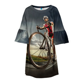Детское платье 3D с принтом Велогонщик в Екатеринбурге, 100% полиэстер | прямой силуэт, чуть расширенный к низу. Круглая горловина, на рукавах — воланы | extreme | вело | велосипед | шоссейный велосипед | экстрим