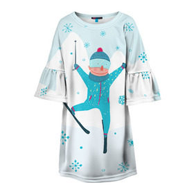 Детское платье 3D с принтом Лыжник в Екатеринбурге, 100% полиэстер | прямой силуэт, чуть расширенный к низу. Круглая горловина, на рукавах — воланы | extreme | ski | skiing | горнолыжное | горные лыжи | лыжник | фристайл | экстрим