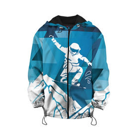 Детская куртка 3D с принтом Горы и сноубордист в Екатеринбурге, 100% полиэстер | застежка — молния, подол и капюшон оформлены резинкой с фиксаторами, по бокам — два кармана без застежек, один потайной карман на груди, плотность верхнего слоя — 90 г/м2; плотность флисового подклада — 260 г/м2 | extreme | snowboard | сноуборд | сноубордист | экстрим