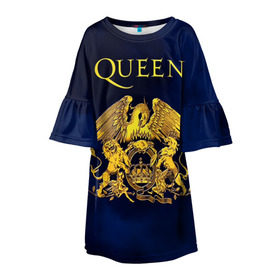 Детское платье 3D с принтом Группа Queen в Екатеринбурге, 100% полиэстер | прямой силуэт, чуть расширенный к низу. Круглая горловина, на рукавах — воланы | freddie | heavy | mercury | metal | queen | rock | квин | куин | меркури | меркюри | метал | рок | фредди меркьюри | фреди | хэви