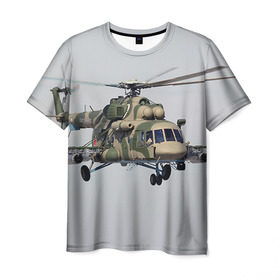 Мужская футболка 3D с принтом МИ 8 в Екатеринбурге, 100% полиэфир | прямой крой, круглый вырез горловины, длина до линии бедер | Тематика изображения на принте: авиация | армия | ввс | вертолет | военная техника | ми 8 | ударный