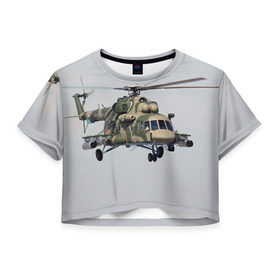 Женская футболка 3D укороченная с принтом МИ 8 в Екатеринбурге, 100% полиэстер | круглая горловина, длина футболки до линии талии, рукава с отворотами | авиация | армия | ввс | вертолет | военная техника | ми 8 | ударный