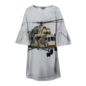 Детское платье 3D с принтом МИ 8 в Екатеринбурге, 100% полиэстер | прямой силуэт, чуть расширенный к низу. Круглая горловина, на рукавах — воланы | Тематика изображения на принте: авиация | армия | ввс | вертолет | военная техника | ми 8 | ударный