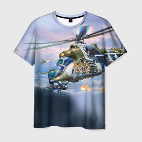 Мужская футболка 3D с принтом МИ 24 в Екатеринбурге, 100% полиэфир | прямой крой, круглый вырез горловины, длина до линии бедер | Тематика изображения на принте: авиация | армия | боевой | ввс | вертолет | военная техника | крокодил | ми 24 | ударный