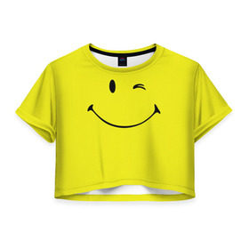 Женская футболка 3D укороченная с принтом Смайл в Екатеринбурге, 100% полиэстер | круглая горловина, длина футболки до линии талии, рукава с отворотами | emoji | smile | жёлтый | смайл | смайлик | улыбка | эмодзи | эмоции