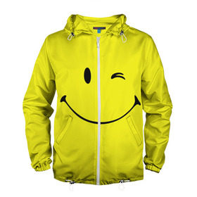 Мужская ветровка 3D с принтом Смайл в Екатеринбурге, 100% полиэстер | подол и капюшон оформлены резинкой с фиксаторами, два кармана без застежек по бокам, один потайной карман на груди | emoji | smile | жёлтый | смайл | смайлик | улыбка | эмодзи | эмоции