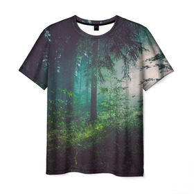 Мужская футболка 3D с принтом Таинственный лес в Екатеринбурге, 100% полиэфир | прямой крой, круглый вырез горловины, длина до линии бедер | деревья | зелень | на макете изображен таинственный зеленый леслес