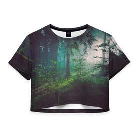 Женская футболка 3D укороченная с принтом Таинственный лес в Екатеринбурге, 100% полиэстер | круглая горловина, длина футболки до линии талии, рукава с отворотами | деревья | зелень | на макете изображен таинственный зеленый леслес