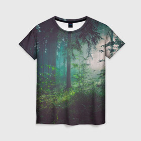 Женская футболка 3D с принтом Таинственный лес в Екатеринбурге, 100% полиэфир ( синтетическое хлопкоподобное полотно) | прямой крой, круглый вырез горловины, длина до линии бедер | деревья | зелень | на макете изображен таинственный зеленый леслес