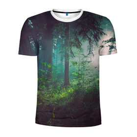 Мужская футболка 3D спортивная с принтом Таинственный лес в Екатеринбурге, 100% полиэстер с улучшенными характеристиками | приталенный силуэт, круглая горловина, широкие плечи, сужается к линии бедра | деревья | зелень | на макете изображен таинственный зеленый леслес