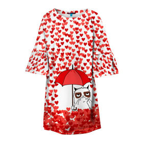 Детское платье 3D с принтом Сердцепад в Екатеринбурге, 100% полиэстер | прямой силуэт, чуть расширенный к низу. Круглая горловина, на рукавах — воланы | Тематика изображения на принте: зонтик | кот | сердитый | сердца | сердцепад
