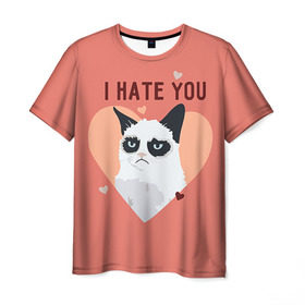 Мужская футболка 3D с принтом I hate you в Екатеринбурге, 100% полиэфир | прямой крой, круглый вырез горловины, длина до линии бедер | 14 февраля | cat | i hate you | день святого валентина | кот | ненавижу 14 февраля | сердечки
