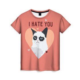 Женская футболка 3D с принтом I hate you в Екатеринбурге, 100% полиэфир ( синтетическое хлопкоподобное полотно) | прямой крой, круглый вырез горловины, длина до линии бедер | 14 февраля | cat | i hate you | день святого валентина | кот | ненавижу 14 февраля | сердечки
