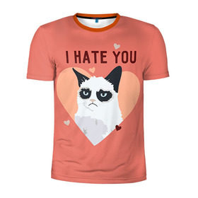 Мужская футболка 3D спортивная с принтом I hate you в Екатеринбурге, 100% полиэстер с улучшенными характеристиками | приталенный силуэт, круглая горловина, широкие плечи, сужается к линии бедра | 14 февраля | cat | i hate you | день святого валентина | кот | ненавижу 14 февраля | сердечки