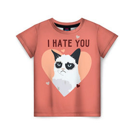 Детская футболка 3D с принтом I hate you в Екатеринбурге, 100% гипоаллергенный полиэфир | прямой крой, круглый вырез горловины, длина до линии бедер, чуть спущенное плечо, ткань немного тянется | 14 февраля | cat | i hate you | день святого валентина | кот | ненавижу 14 февраля | сердечки