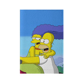 Обложка для паспорта матовая кожа с принтом Гомер и Мардж в Екатеринбурге, натуральная матовая кожа | размер 19,3 х 13,7 см; прозрачные пластиковые крепления | Тематика изображения на принте: гомер