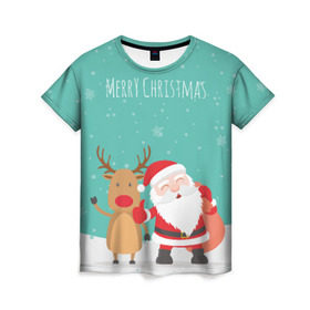 Женская футболка 3D с принтом Merry Christmas в Екатеринбурге, 100% полиэфир ( синтетическое хлопкоподобное полотно) | прямой крой, круглый вырез горловины, длина до линии бедер | merry christmas | дед мороз | новый год | рождество