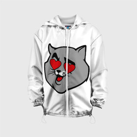 Детская куртка 3D Влюбленный кот: в Екатеринбурге, 100% полиэстер | застежка — молния, подол и капюшон оформлены резинкой с фиксаторами, по бокам — два кармана без застежек, один потайной карман на груди, плотность верхнего слоя — 90 г/м2; плотность флисового подклада — 260 г/м2 | Тематика изображения на принте: 14 февраля | валентин | кот | любовь | март