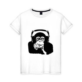 Женская футболка хлопок с принтом Обезьяна в наушниках в Екатеринбурге, 100% хлопок | прямой крой, круглый вырез горловины, длина до линии бедер, слегка спущенное плечо | Тематика изображения на принте: 2016 | наушники | обезьяна | символ | шимпанзе
