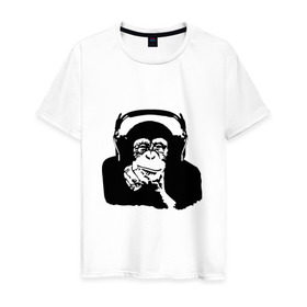 Мужская футболка хлопок с принтом Обезьяна в наушниках в Екатеринбурге, 100% хлопок | прямой крой, круглый вырез горловины, длина до линии бедер, слегка спущенное плечо. | 2016 | наушники | обезьяна | символ | шимпанзе