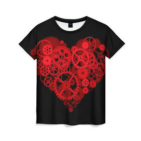 Женская футболка 3D с принтом Механическое сердце в Екатеринбурге, 100% полиэфир ( синтетическое хлопкоподобное полотно) | прямой крой, круглый вырез горловины, длина до линии бедер | контраст | любовь | механическое | сердце | шестеренки