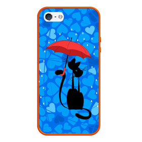 Чехол силиконовый для Телефон Apple iPhone 5/5S с принтом Под зонтом в Екатеринбурге, Силикон | Область печати: задняя сторона чехла, без боковых панелей | дождь | кот | кошка | любовь | под зонтом | сердца
