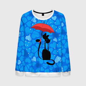 Мужской свитшот 3D с принтом Под зонтом в Екатеринбурге, 100% полиэстер с мягким внутренним слоем | круглый вырез горловины, мягкая резинка на манжетах и поясе, свободная посадка по фигуре | дождь | кот | кошка | любовь | под зонтом | сердца