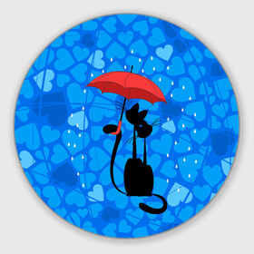 Коврик круглый с принтом Под зонтом в Екатеринбурге, резина и полиэстер | круглая форма, изображение наносится на всю лицевую часть | дождь | кот | кошка | любовь | под зонтом | сердца