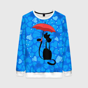 Женский свитшот 3D с принтом Под зонтом в Екатеринбурге, 100% полиэстер с мягким внутренним слоем | круглый вырез горловины, мягкая резинка на манжетах и поясе, свободная посадка по фигуре | дождь | кот | кошка | любовь | под зонтом | сердца