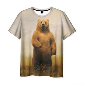 Мужская футболка 3D с принтом Медведь в поле в Екатеринбурге, 100% полиэфир | прямой крой, круглый вырез горловины, длина до линии бедер | bear | медведь | одуванчики | русский медведь в чистом русском поле мечта патриотаполе | сено