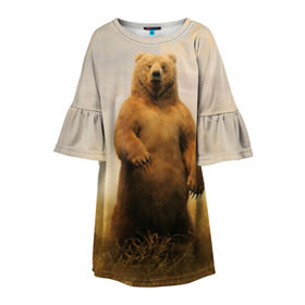 Детское платье 3D с принтом Медведь в поле в Екатеринбурге, 100% полиэстер | прямой силуэт, чуть расширенный к низу. Круглая горловина, на рукавах — воланы | Тематика изображения на принте: bear | медведь | одуванчики | русский медведь в чистом русском поле мечта патриотаполе | сено