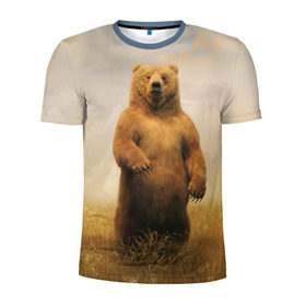 Мужская футболка 3D спортивная с принтом Медведь в поле в Екатеринбурге, 100% полиэстер с улучшенными характеристиками | приталенный силуэт, круглая горловина, широкие плечи, сужается к линии бедра | Тематика изображения на принте: bear | медведь | одуванчики | русский медведь в чистом русском поле мечта патриотаполе | сено