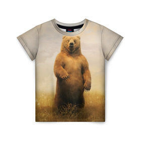 Детская футболка 3D с принтом Медведь в поле в Екатеринбурге, 100% гипоаллергенный полиэфир | прямой крой, круглый вырез горловины, длина до линии бедер, чуть спущенное плечо, ткань немного тянется | Тематика изображения на принте: bear | медведь | одуванчики | русский медведь в чистом русском поле мечта патриотаполе | сено