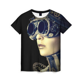 Женская футболка 3D с принтом Девушка steampunk в Екатеринбурге, 100% полиэфир ( синтетическое хлопкоподобное полотно) | прямой крой, круглый вырез горловины, длина до линии бедер | девушка steampunk | киберпанк | кожа | очки | шляпа
