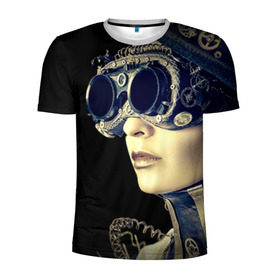 Мужская футболка 3D спортивная с принтом Девушка steampunk в Екатеринбурге, 100% полиэстер с улучшенными характеристиками | приталенный силуэт, круглая горловина, широкие плечи, сужается к линии бедра | Тематика изображения на принте: девушка steampunk | киберпанк | кожа | очки | шляпа